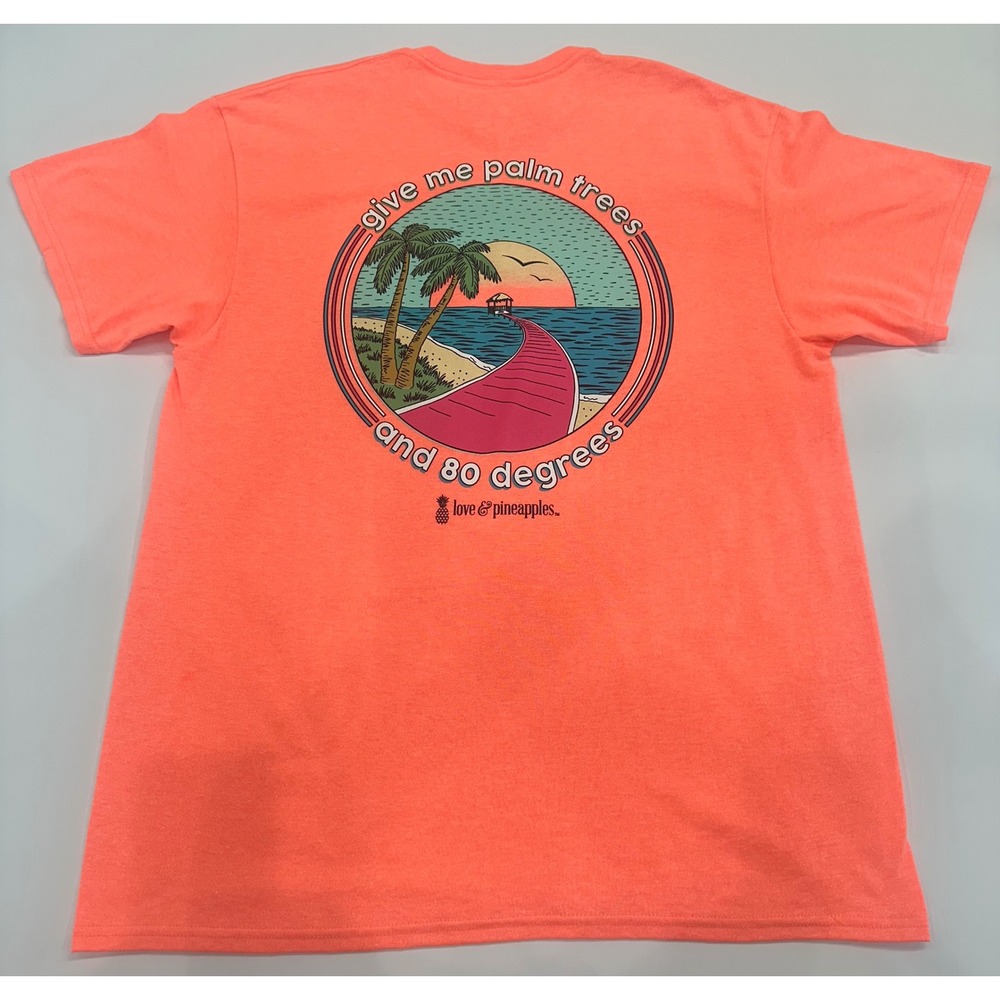 Love & Pineapples Womens Graphic T-Shirt Neon Coral Palm Trees Sunset Large